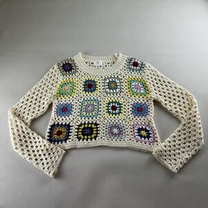 Luna Ivy Crochet Knit Sweater Granny Square Crop Pullover Top Colorful Size S